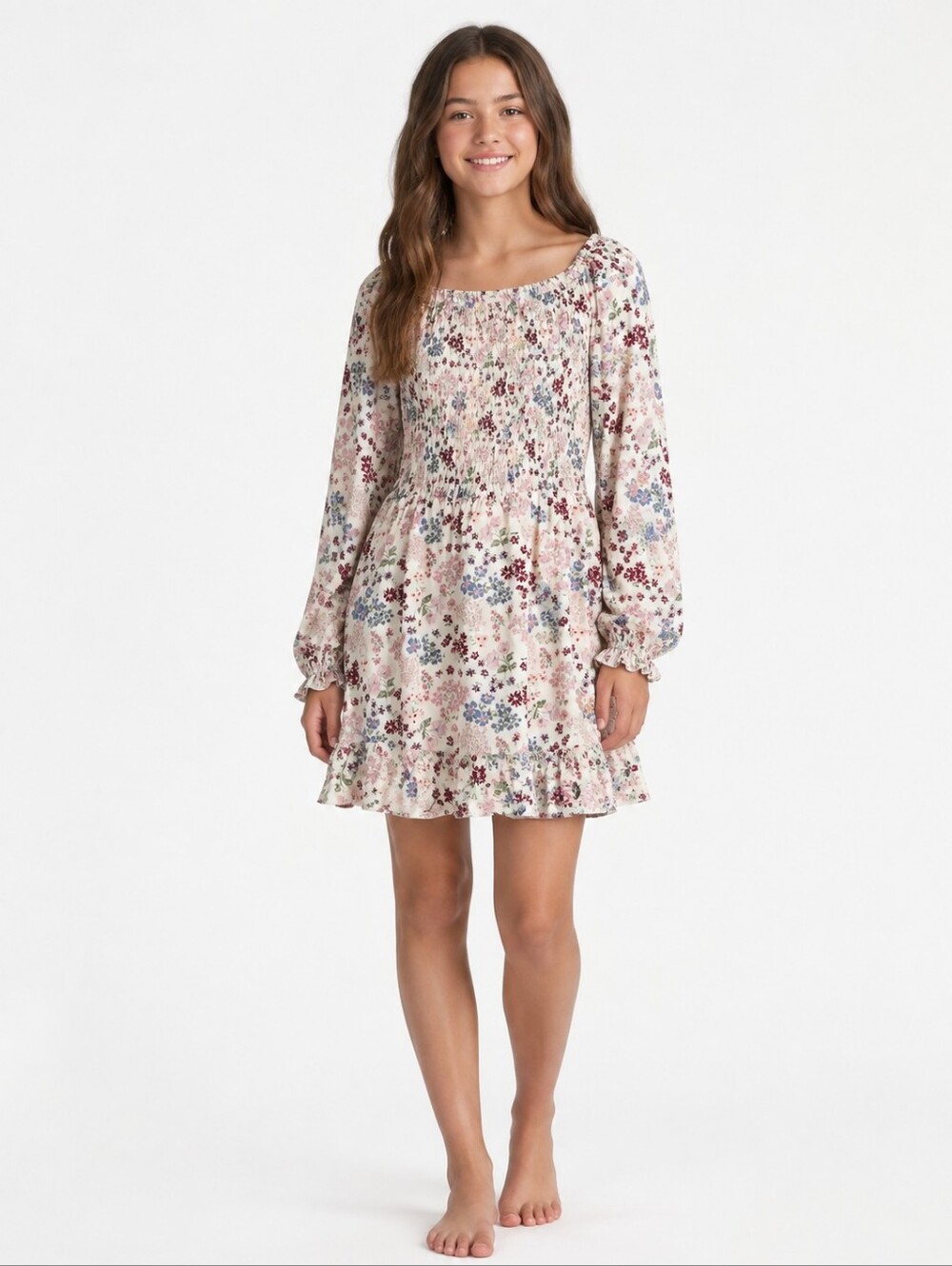 Market & Spruce Girls 16 Floral Smocked Waist Long Sleeve Mini Dress NWT